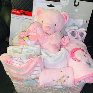 PINK TEDDY BEAR BABY BASKET
